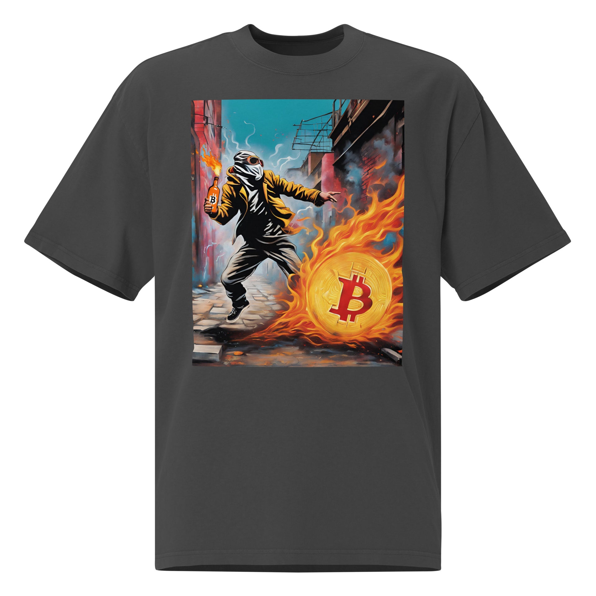 Faded black crypto T-shirt with fiery Bitcoin warrior art — bold streetwear for crypto traders and Bitcoin revolution supporters